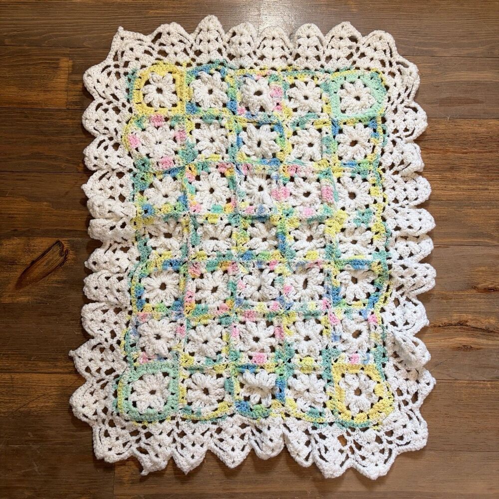 Vintage Crochet Baby Blanket Granny Square Pastel Rainbow Cottagecore Nursery